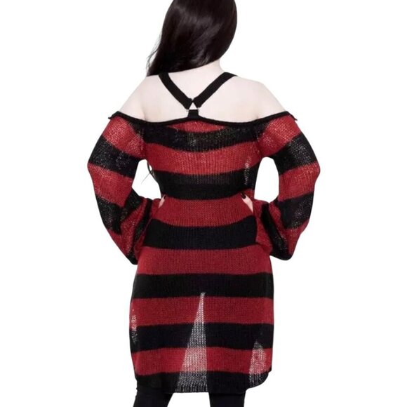 KILLSTAR Sweater Dress Sz.S  Red Black Knit Distressed Bell Sleeve Goth Punk - Picture 3 of 15